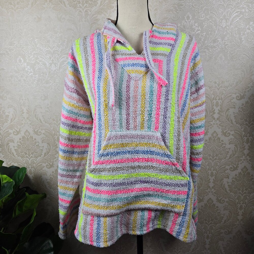 Artilana Size Large White w/ Multicolored Striped Hoodie Kangaroo Pocket Ties
